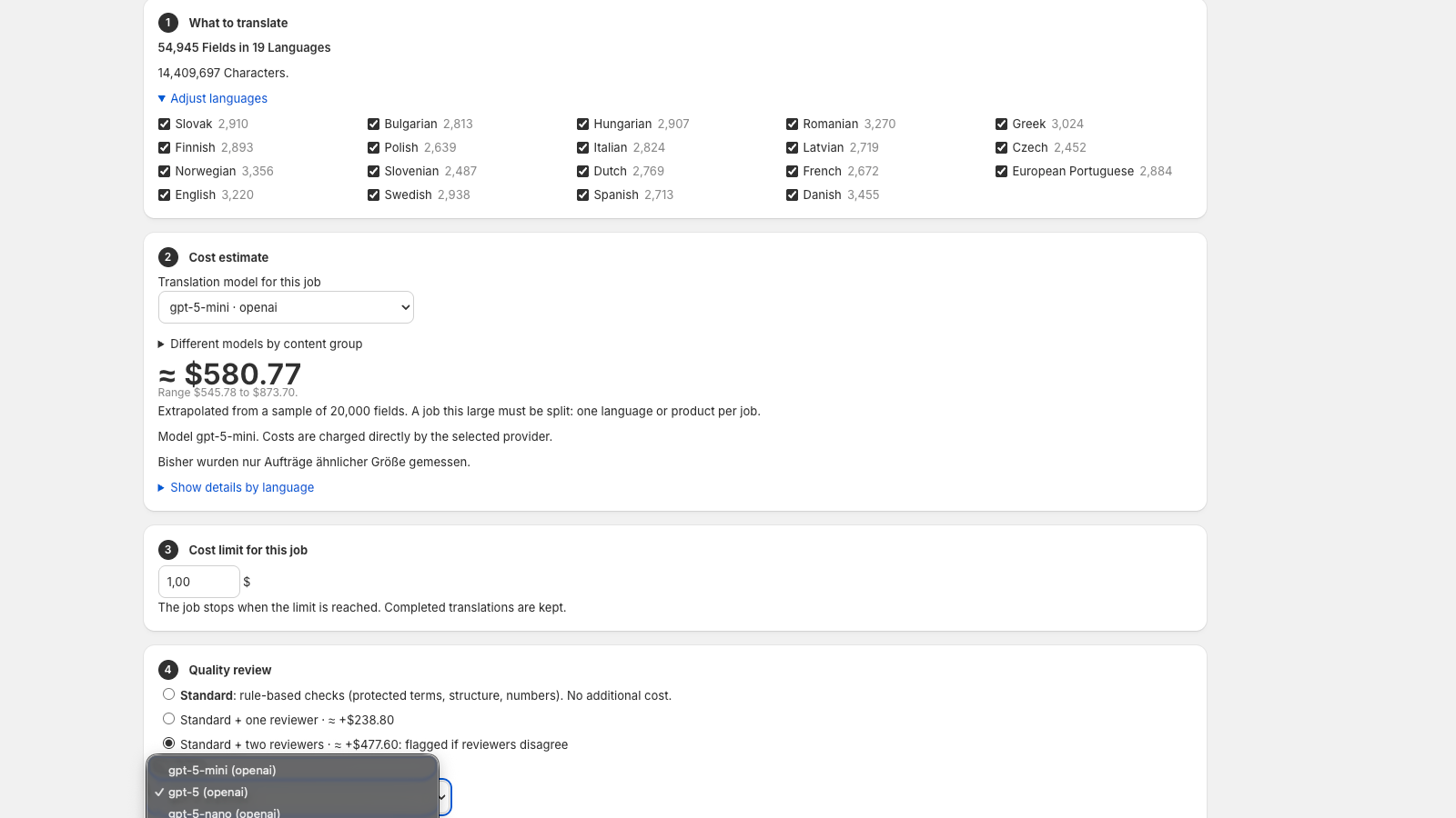 Job dialog: languages, model choice, cost estimate and cost limit